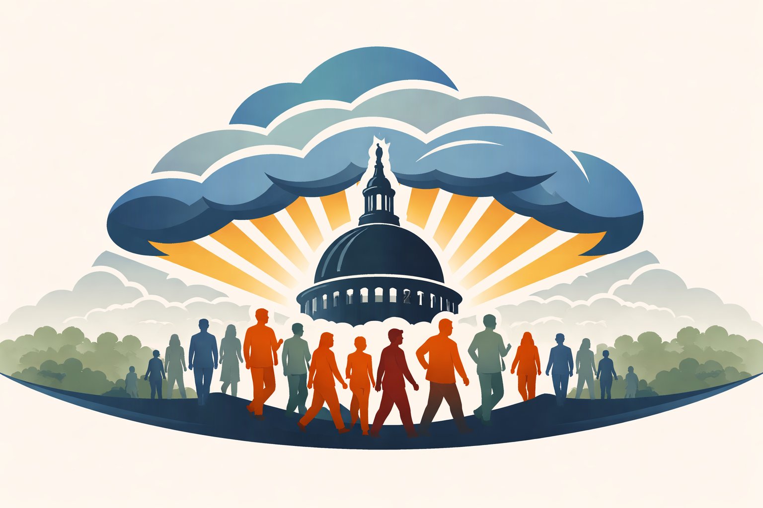 Washington Storm 2026 — People marching toward the U.S. Capitol as golden light breaks through storm clouds